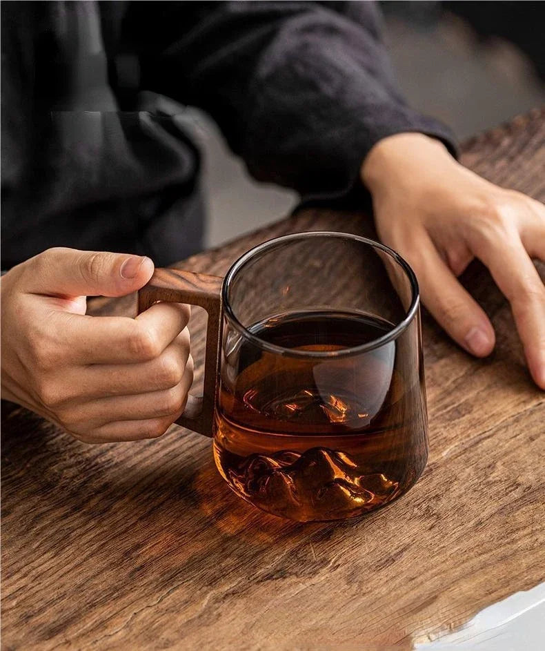 Guanshan Glass Cup with Wooden Handle – Large-Capacity Single-Layer Mug for Coffee, Tea & Juice