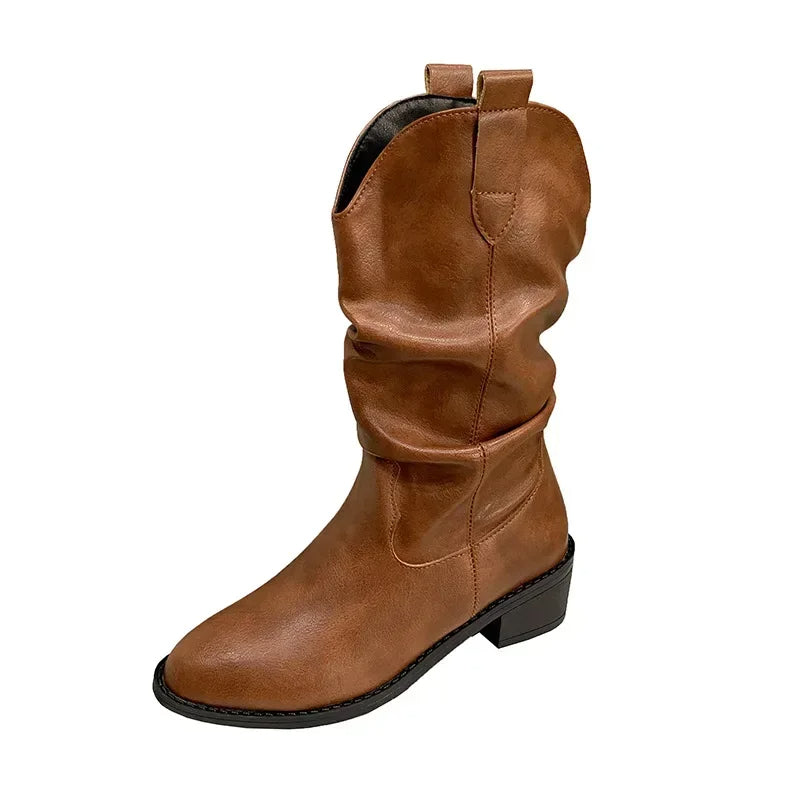 Waterproof Winter Leather Boots - Stylish Non-Slip Pleated Low-Heel Design Keeps You Warm and Fashionable