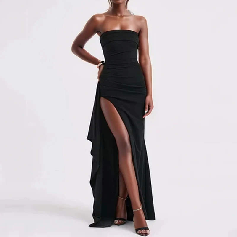 Strapless High-Slit Black Long Dress – Sexy Backless Evening Gown for Parties, Summer Nights & Casual Chic