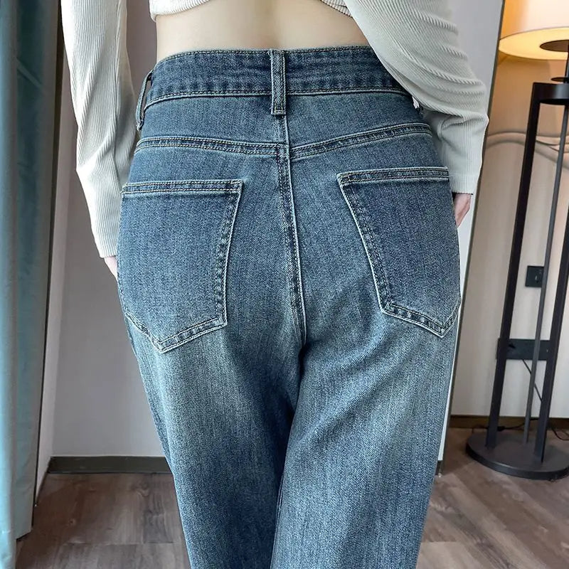 Rhinestone Wide-Leg Jeans – High-Waist Loose Straight Pants for Women