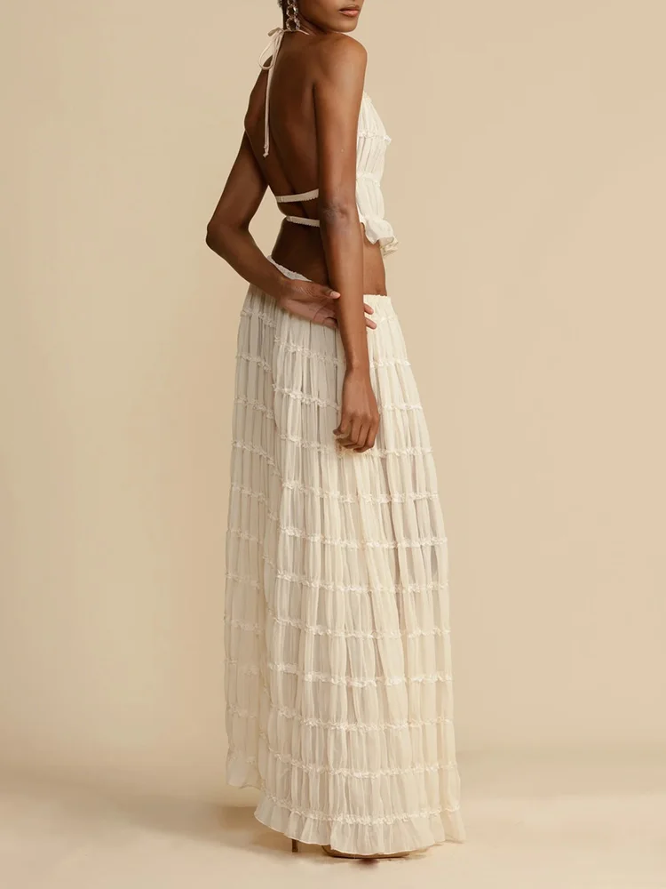 Sexy Two-Piece Hollow Out Set Dress – Backless Lace-Up Crop Top & Long Skirt for Beach & Club Vibes