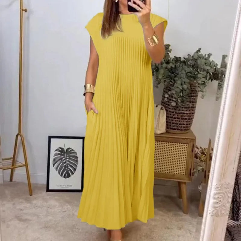 Summer Short Sleeve Pleated Maxi Dress – Loose Pleated Solid Color Long Dress with High Waist & Round Neck