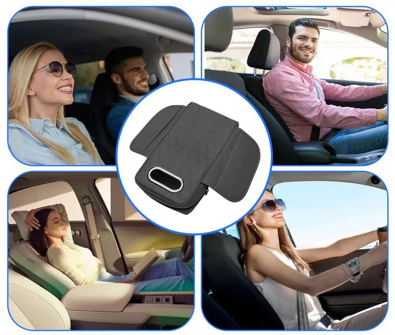 Car Armrest Cushion with Tissue Box – Memory Foam Support with Tissue Box & Storage Pockets
