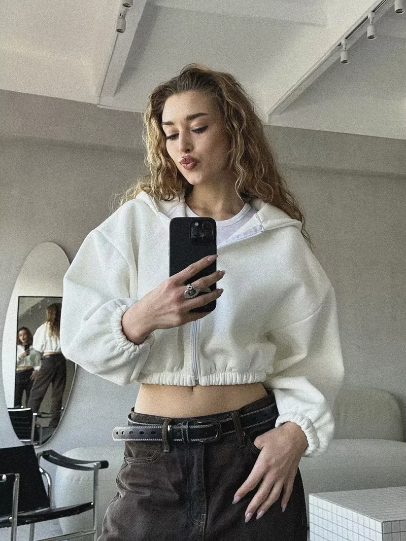 Trendy Y2K Cropped Hoodie Jacket – Zip-Up Loose-Fit Sweatshirt for Fall Street-Style Vibes