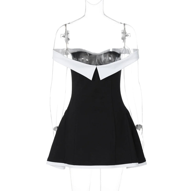 Chic Black and  White Contrast Tube Top Mini Dress – Elegant One-Shoulder Backless Design for a Bold Fashion Statement