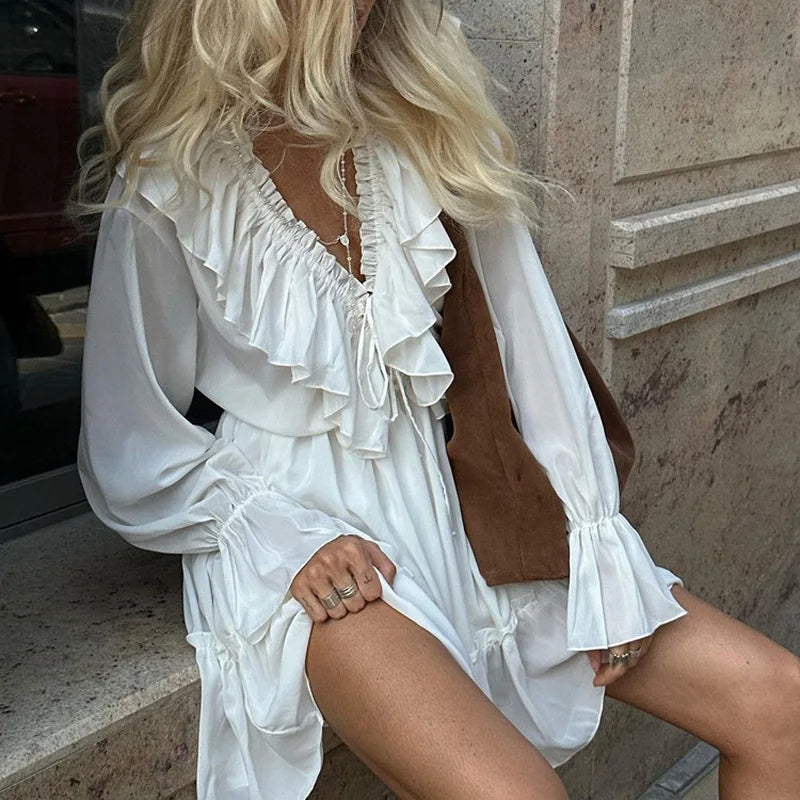 Sexy V-Neck Pleated Ruffle Mini Skater Dress – Long Sleeve, Flared Hem, & Autumn-Winter Feminine Elegance
