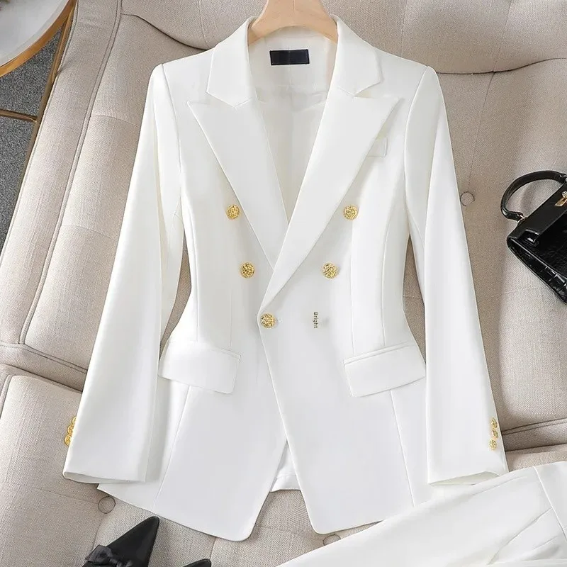 White Women's Double Breasted Business Suit – Western-Style Long Trousers Set for High-End Work Occasions