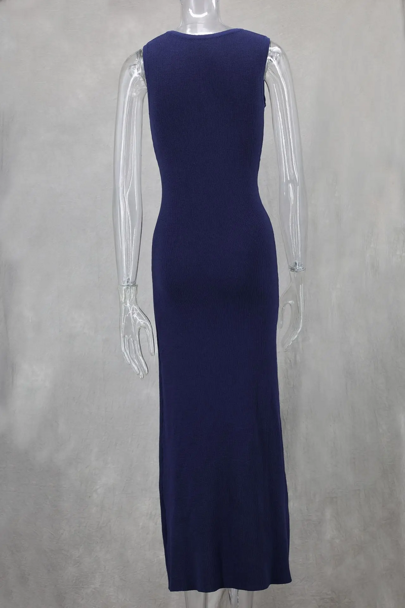 High Slit Knitted Maxi Dress for Women – Apricot Sleeveless Button Detail Bodycon Party Winter Dress