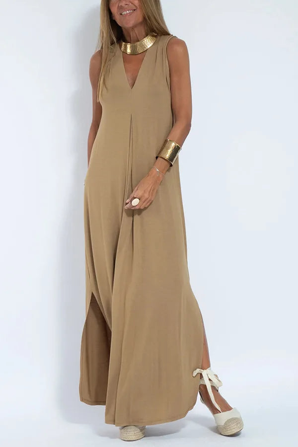 Chic V-Neck Dress & Cardigan Set – Sleeveless Long Vest Dress with Fall-Ready Casual Layered Elegance