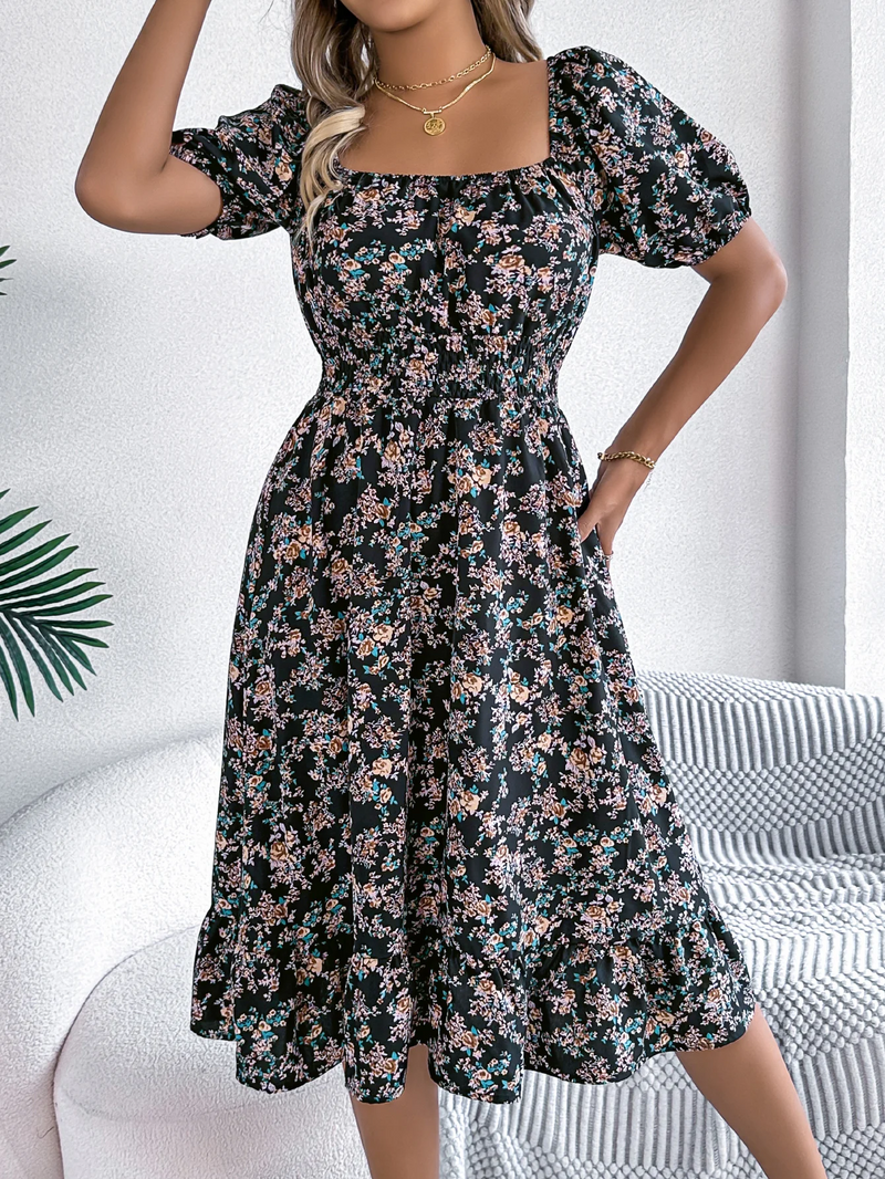 Floral Ruffled Square Neck Dress – Elegant Short Sleeve Summer Dress for Feminine Charm & Seasonal Sophistication