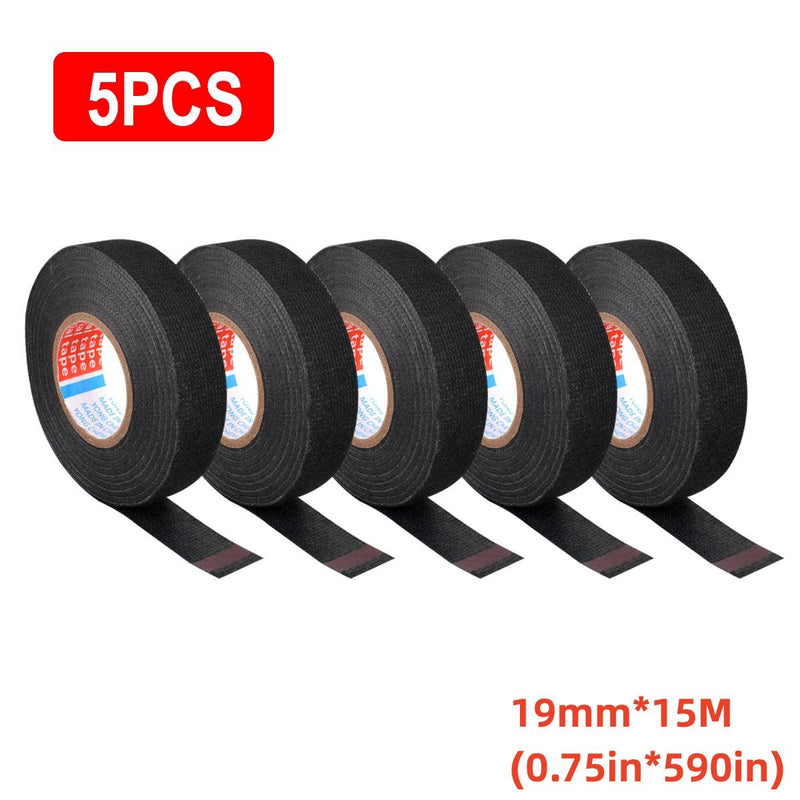 5 Rolls 15m/49.2ft Adhesive Cloth Fabric Tape, Cable Loom Wiring Harness Cloth 15mm 19mm 25mm