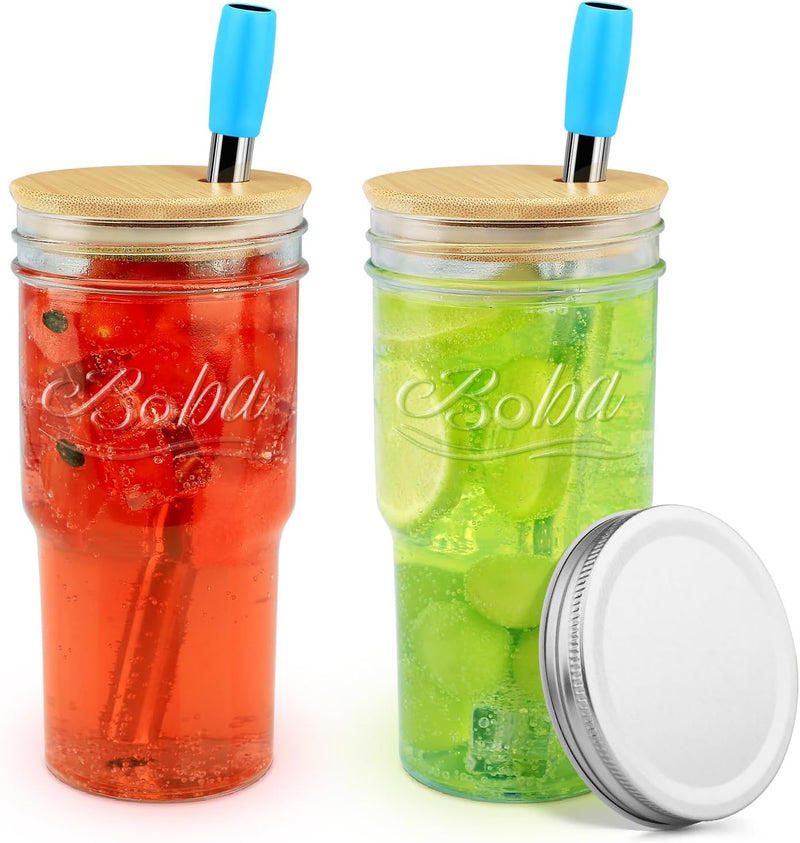 22 oz Mason Jar, Drinking Jar Glass Cups for Hot Cold Coffee Beer Tea, 2 Different Lids for Drink and Storage, 2 PCS