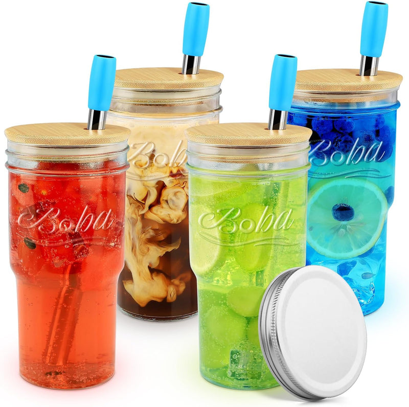 22 oz Mason Jar, Drinking Jar Glass Cups for Hot Cold Coffee Beer Tea, 2 Different Lids for Drink and Storage, 4 PCS