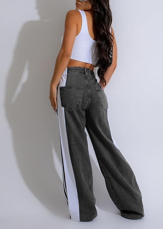 Streetwear Wide-Leg Denim Trousers – Summer High Waist Elastic Color Block Three-Stripe Straight Patchwork Pants