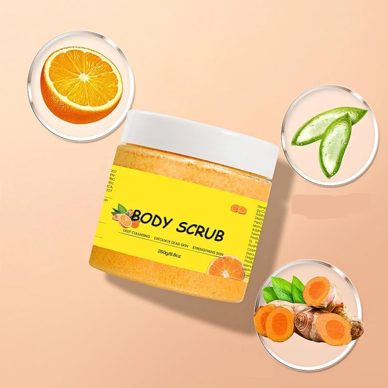 Turmeric & Vitamin C Exfoliating Body Scrub – Deep Cleansing Salt & Sugar Formula for Brightening Dark Spots, Acne & Skin Tone