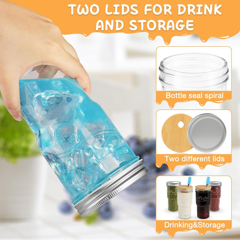 22 oz Mason Jar, Drinking Jar Glass Cups for Hot Cold Coffee Beer Tea, 2 Different Lids for Drink and Storage, 2 PCS