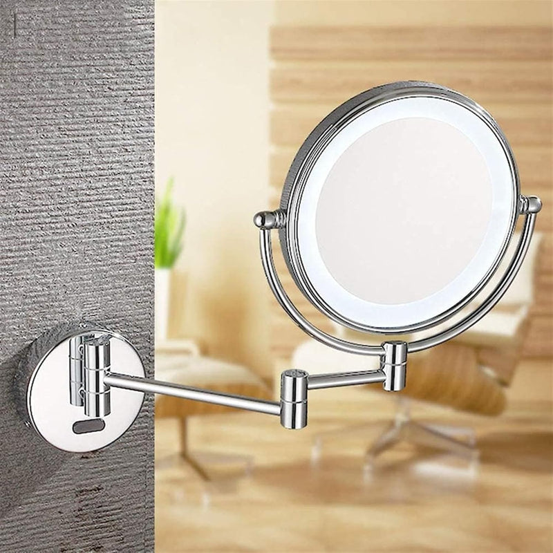 LED Lighted Folding Bathroom Mirror – Wall-Mounted 10X Magnification Touch Dimming Makeup Mirror with Dual-Sided Viewing