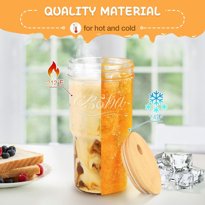 22 oz Mason Jar, Drinking Jar Glass Cups for Hot Cold Coffee Beer Tea, 2 Different Lids for Drink and Storage, 4 PCS