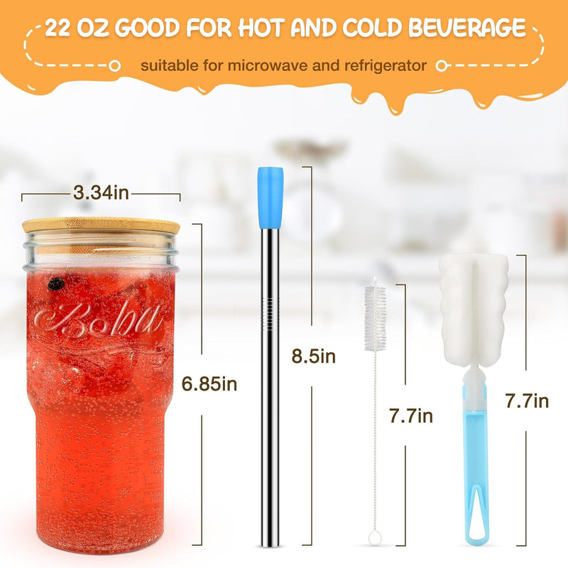 22 oz Mason Jar, Drinking Jar Glass Cups for Hot Cold Coffee Beer Tea, 2 Different Lids for Drink and Storage, 4 PCS