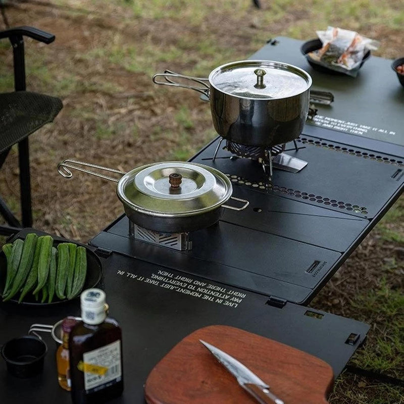 Portable Black Camping Kitchen Set – Foldable Table with Stove Rack and Accessories for Outdoor Cooking, BBQ, and Travel Setup