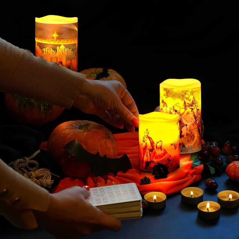 Flameless LED Christmas Candles – 3pcs Battery-Powered Holy Night Lights Candle with Timer Featuring Nativity Scene for Warm Holiday Home Ambience