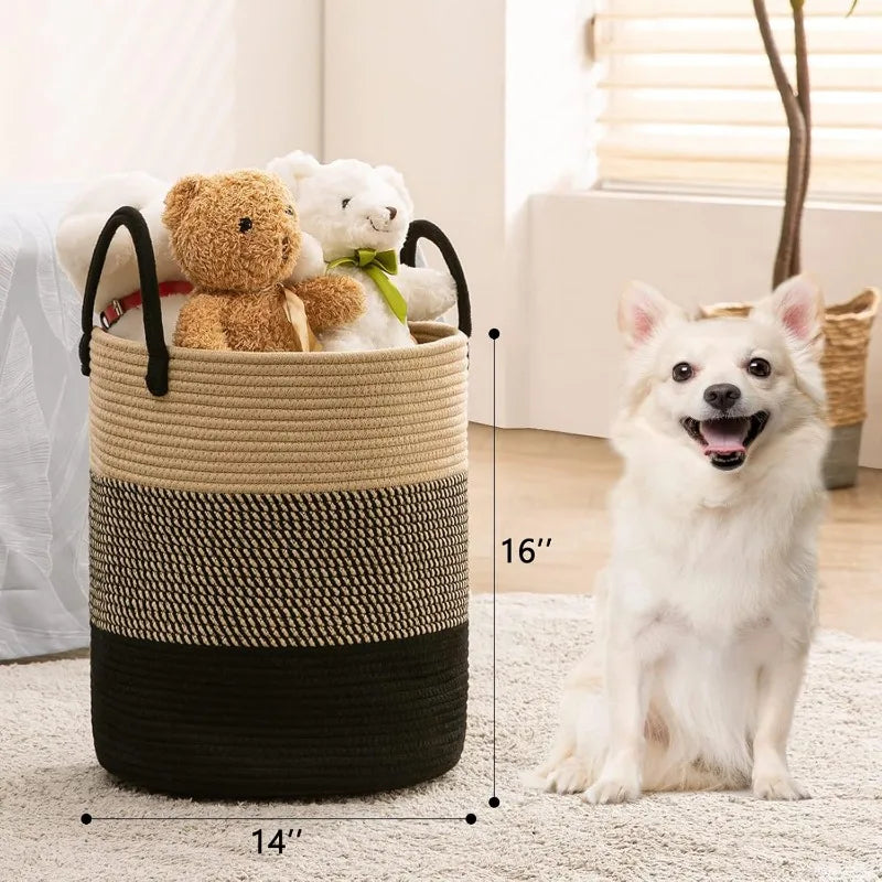 Woven Tall Rope Laundry Hamper – Large 15x20 Inch Dirty Clothes Basket with Handles for Stylish Home or Toy Storage Solution