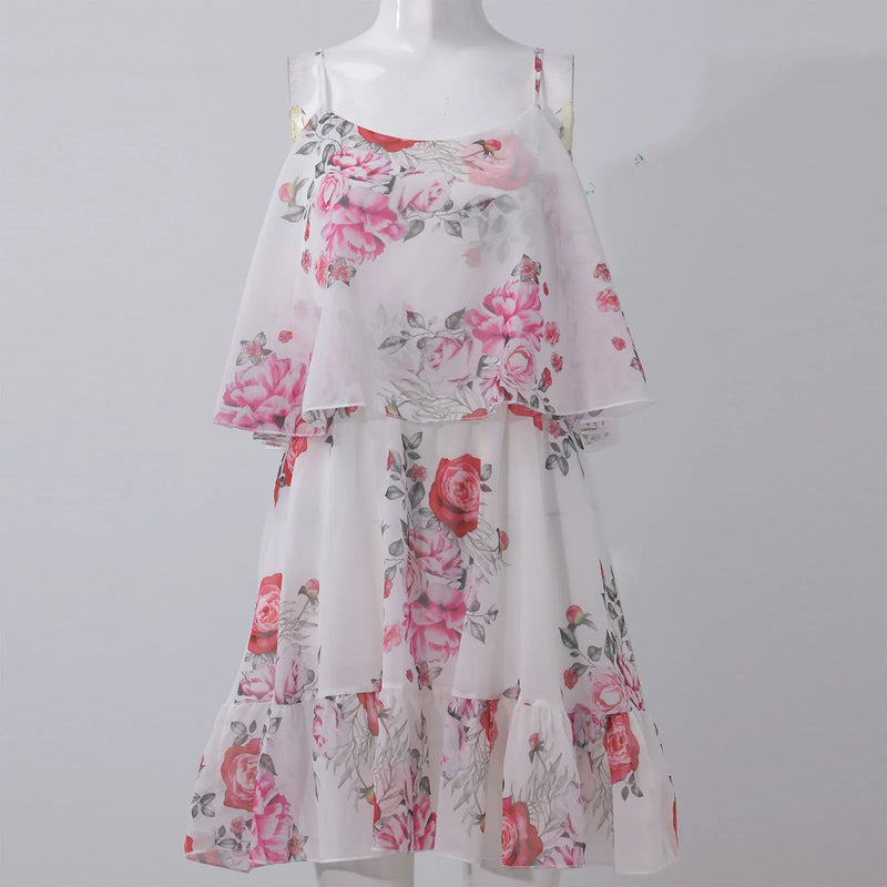 Ruffled Chiffon Summer Dress – Flower Printed, Shoulder Strap Style with European-Inspired Sexy Vibes for 2024 Chic