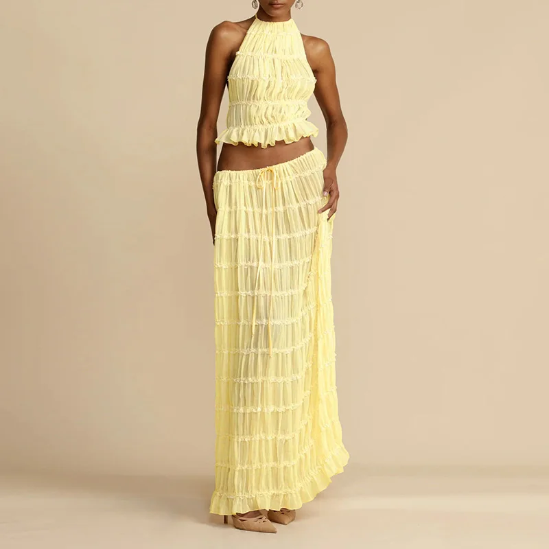 Sexy Two-Piece Hollow Out Set Dress – Backless Lace-Up Crop Top & Long Skirt for Beach & Club Vibes