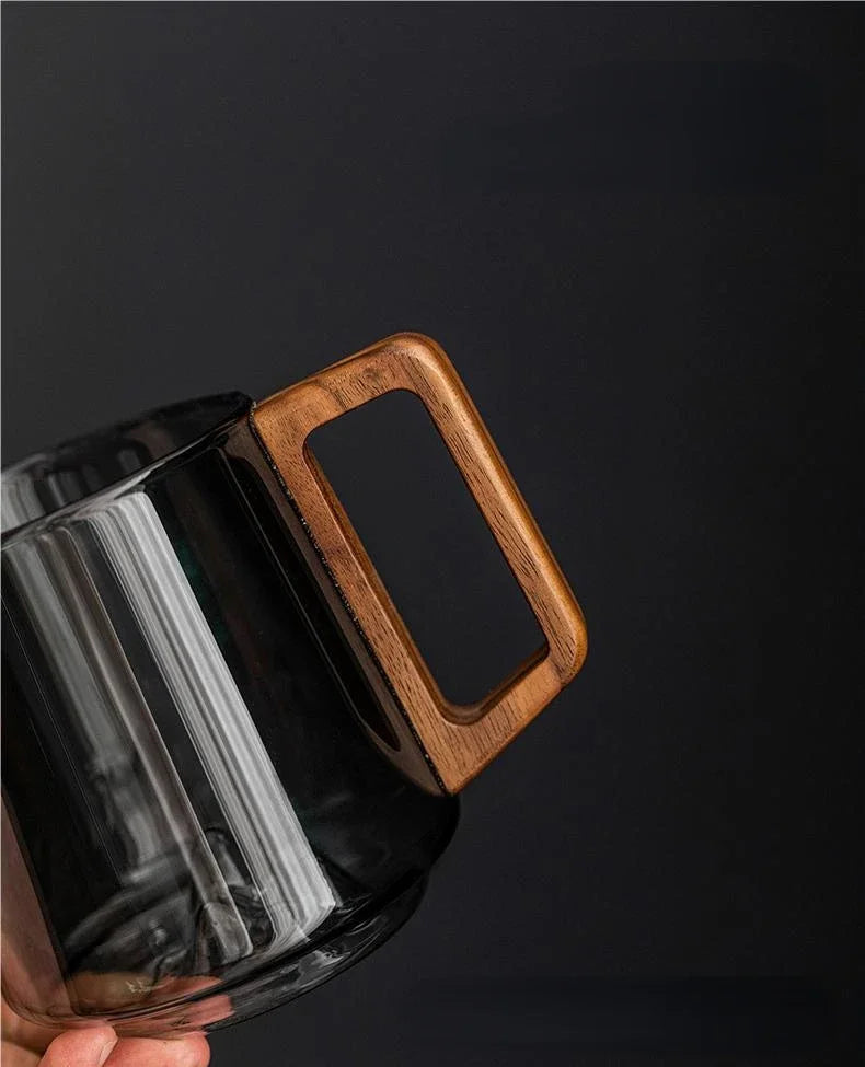 Guanshan Glass Cup with Wooden Handle – Large-Capacity Single-Layer Mug for Coffee, Tea & Juice