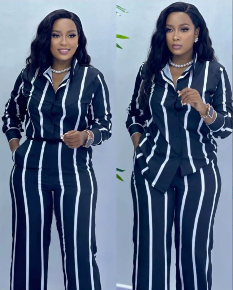 African Fashion Two Piece Set Striped Long Sleeve –  Button Shirt and Wide-Leg Pants for Chic Seasonal Style