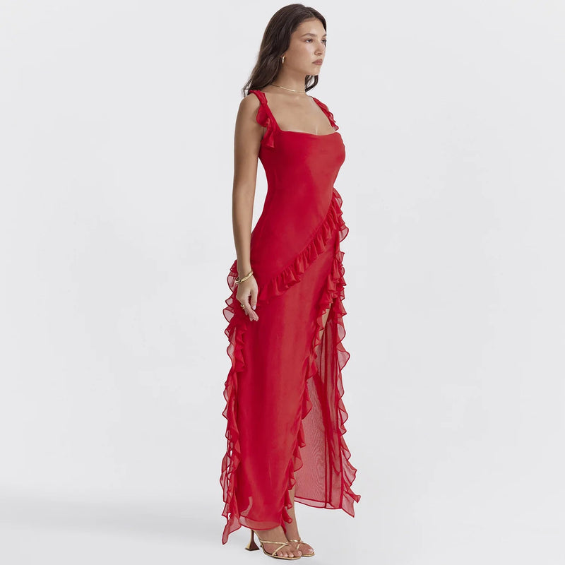 Sexy Spaghetti Strap Thigh High Split Bodycon Dress – Backless, Low-Cut Ruffle Gown for Elegant Evening & Party Glamour