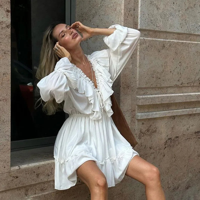 Sexy V-Neck Pleated Ruffle Mini Skater Dress – Long Sleeve, Flared Hem, & Autumn-Winter Feminine Elegance