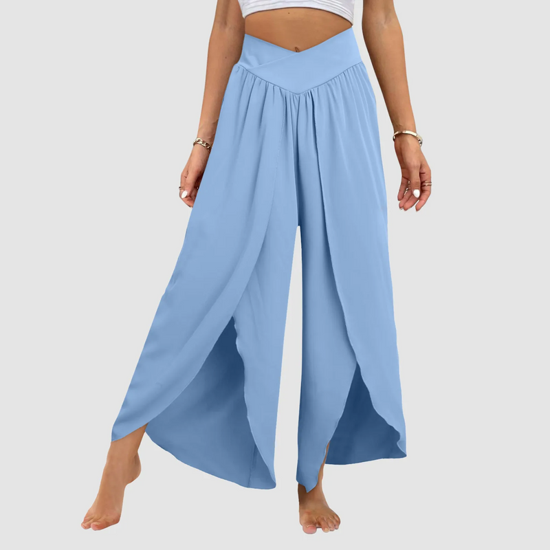 High-Waisted Loose Split Boho Palazzo Pants – Front Slit, Pleated, Plus-Size Beach & Yoga Essential