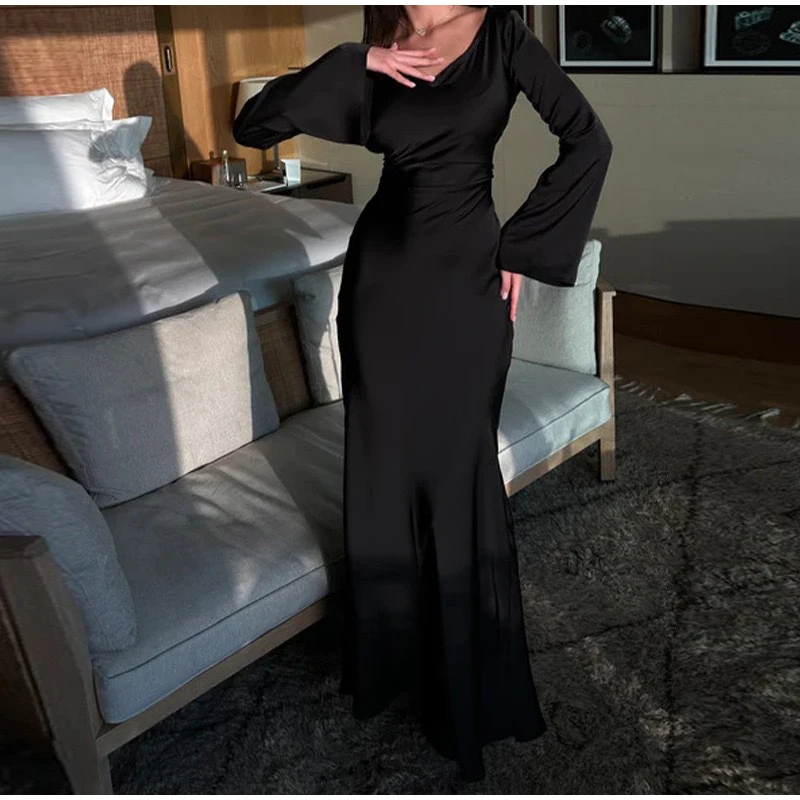 Satin Round Neck Long Lace-Up Evening Dress – Elegant Flare Sleeve High-Waist Party Gown for Glamorous Women