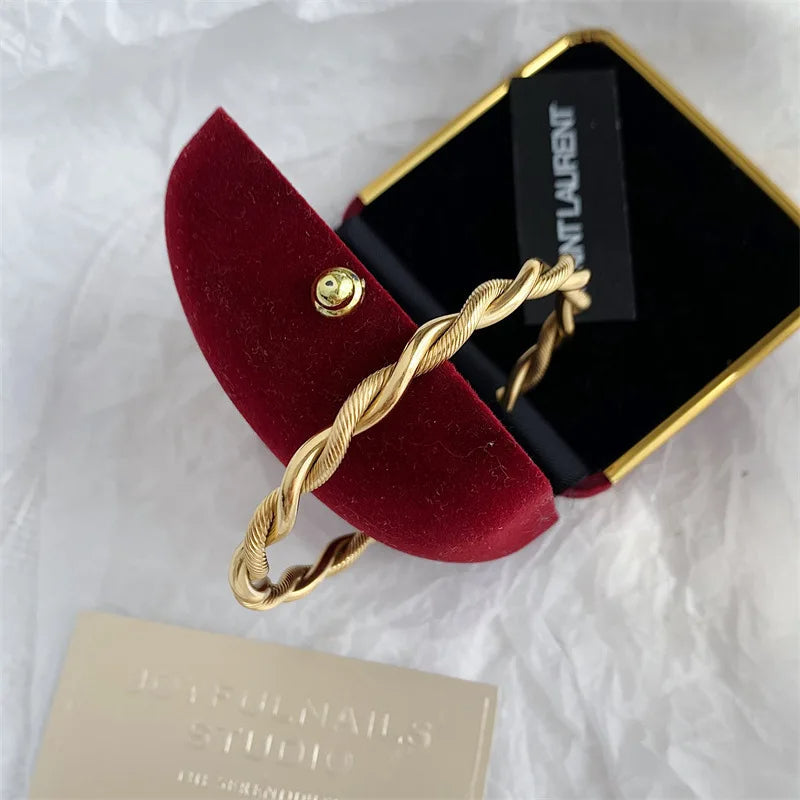 Charm Twist Cuff Bracelet - Slim Gold Opening Bangle in 316L Stainless Steel Charm