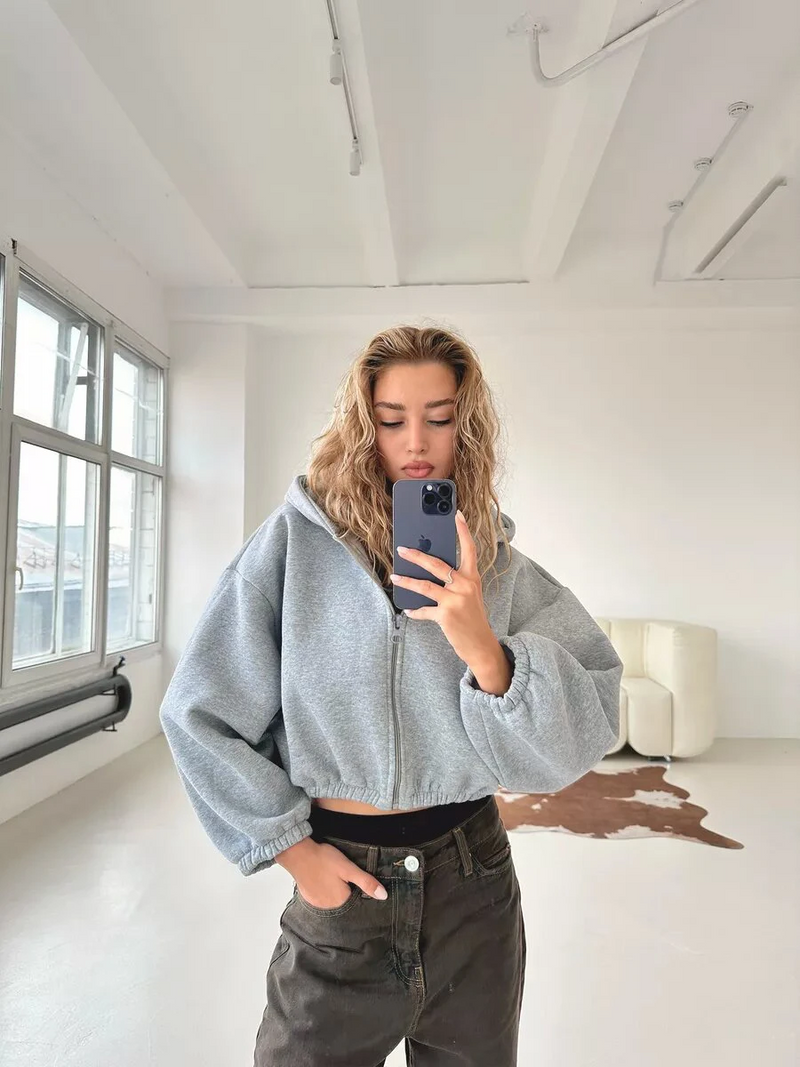 Trendy Y2K Cropped Hoodie Jacket – Zip-Up Loose-Fit Sweatshirt for Fall Street-Style Vibes
