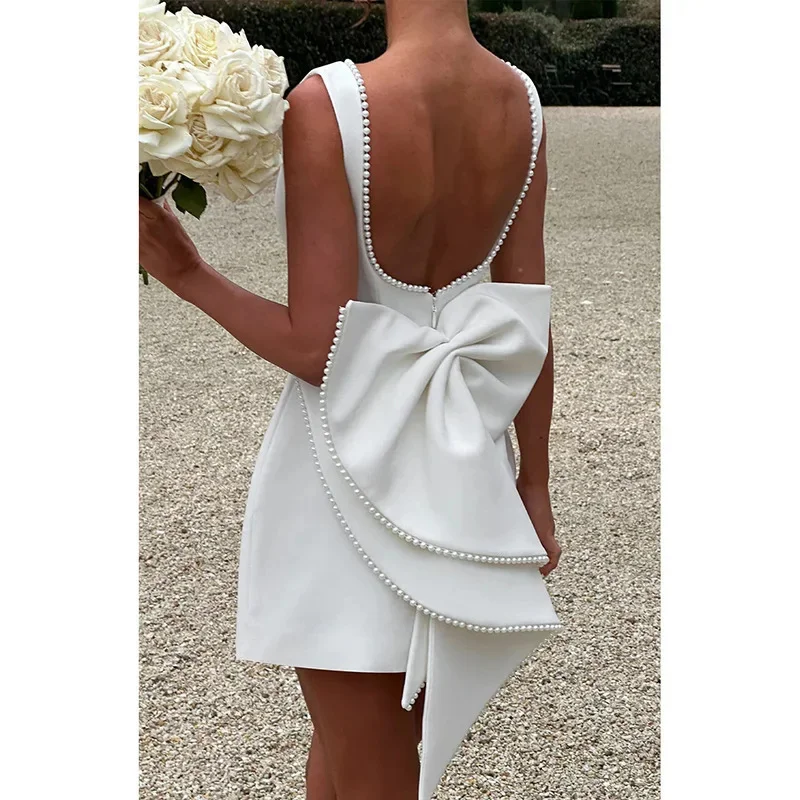 White Pearl Big Bow Backless Mini Dress – Sexy 2024 A-Line Bodycon for Elegant Evenings, Parties & Date Nights