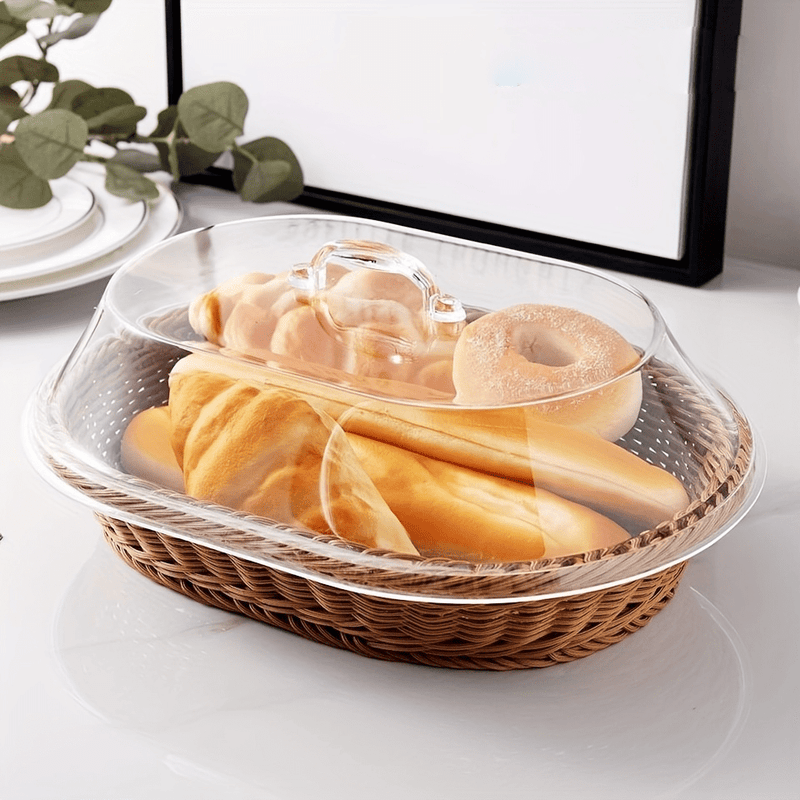 Classic Wicker Bread Basket with Clear Lid – Washable Display Tray for Kitchen Counters, Picnics, Buffets & Artisan Food Presentation