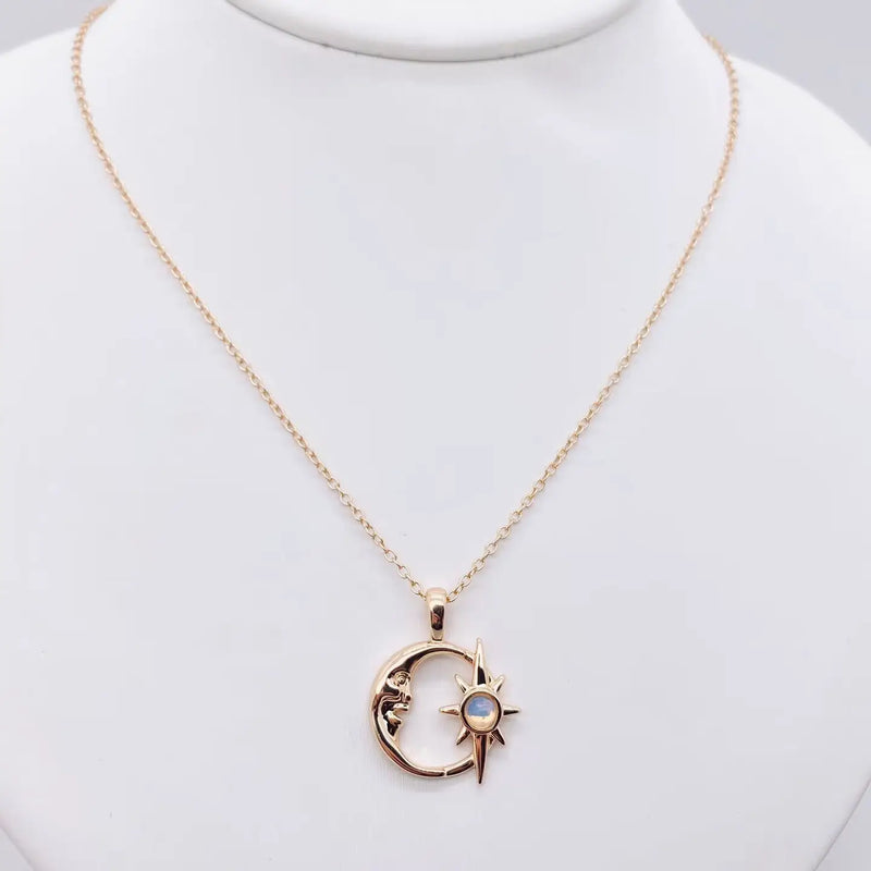 Golden Hollow Out Moon and Sun Pendant Necklace – Trendy Waterproof Stainless Steel Jewelry for Women