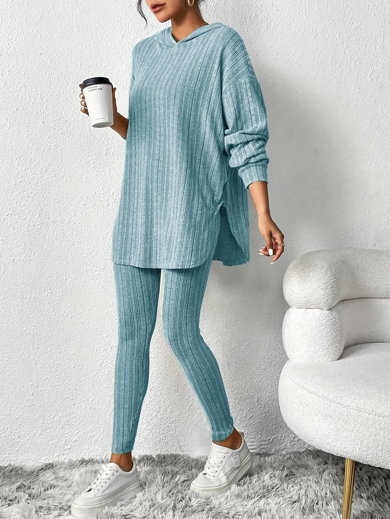 Women's Casual Ribbed Two-Piece Lounge Set – Hooded Long Sleeve Top & Fitted Pants for Relaxed Daily Wear or Travel Outfits