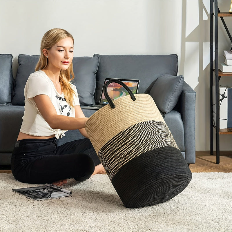 Woven Tall Rope Laundry Hamper – Large 15x20 Inch Dirty Clothes Basket with Handles for Stylish Home or Toy Storage Solution