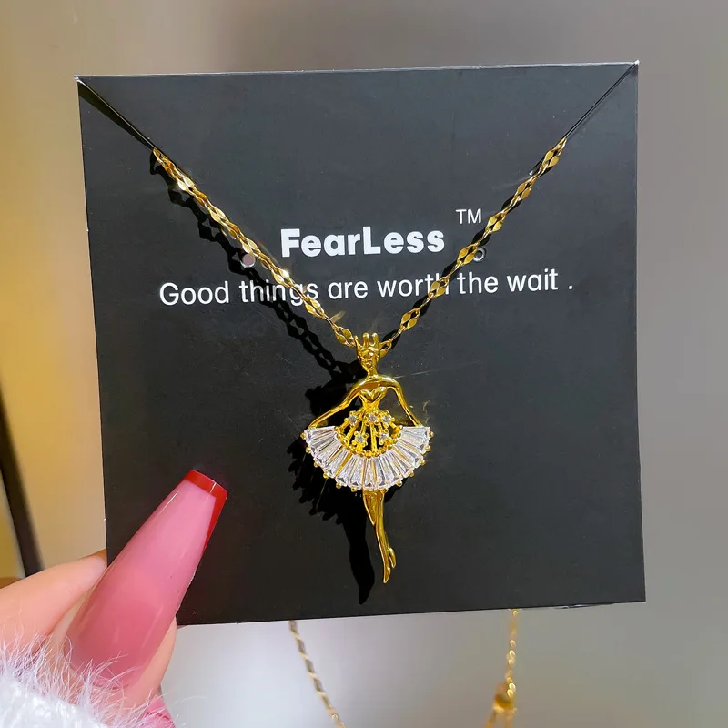 Ballet Dancing Girl Pendant Necklace - 18K Gold Clavicle Chain Jewelry for Elegant Everyday Charm
