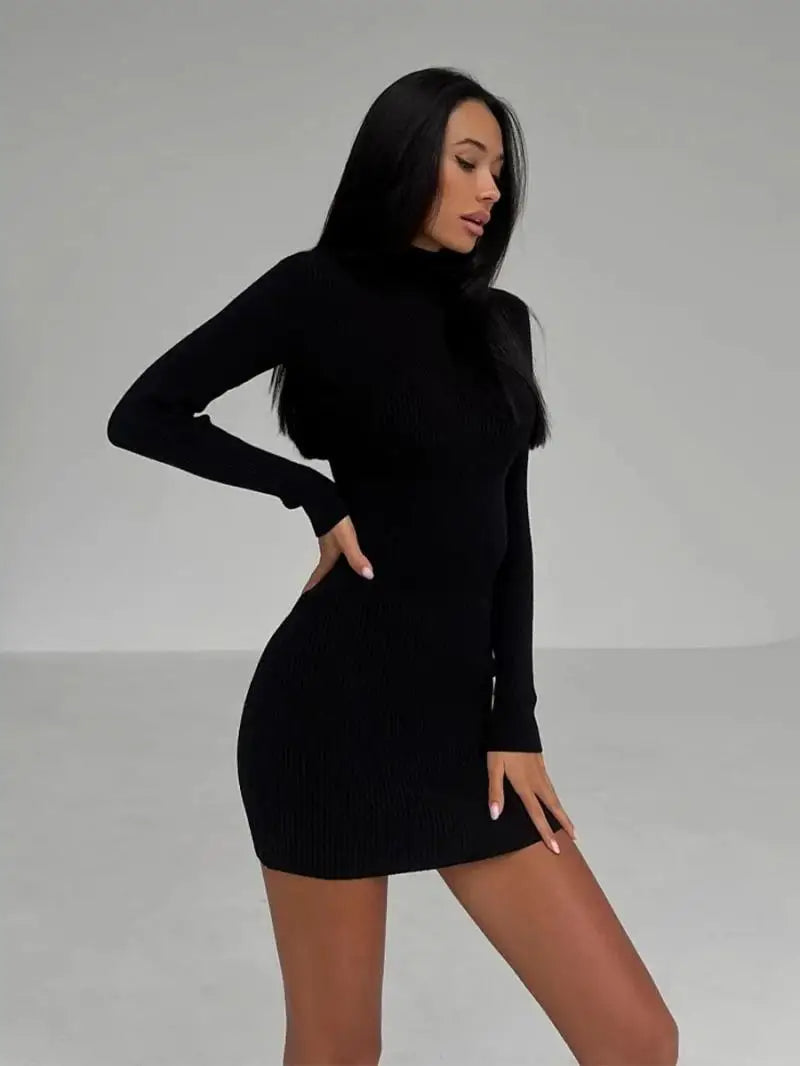 Turtleneck Knitted Midi Dress – Long Sleeve Bodycon Fit for Flawless Autumn & Winter Fashion Statements