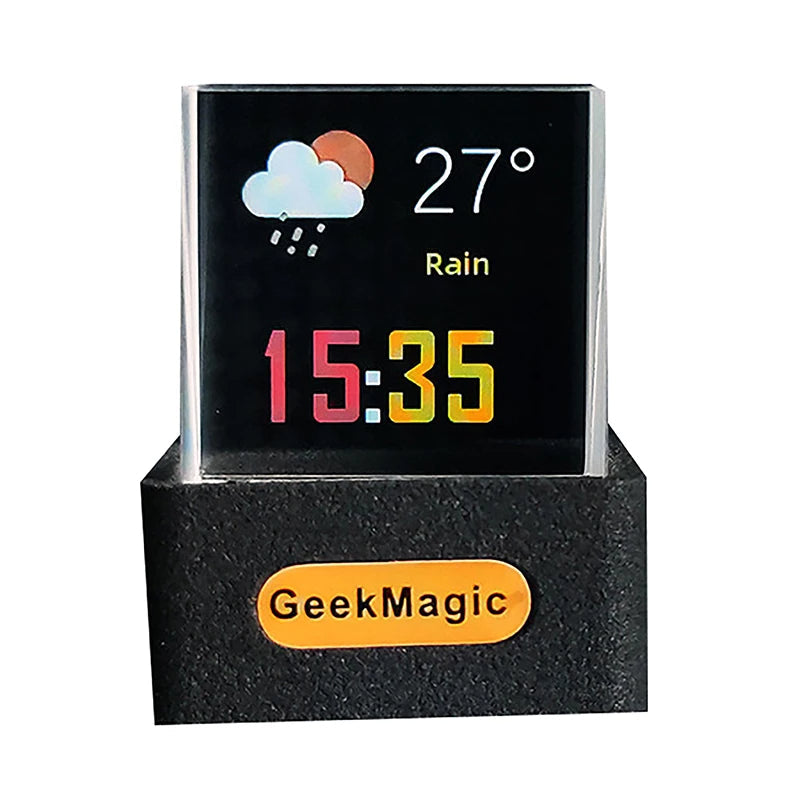 Smart Weather Station with Digital Clock - Glass Cube Holographic Photo Display & Animated GIF Album for Stylish Modern Desktops