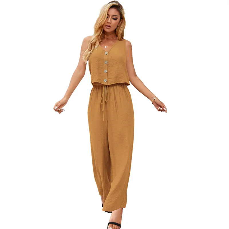 Cotton Linen Two-Piece Office Set – V-Neck Vest & Wide Leg Pants for Casual Elegance and Everyday Comfort