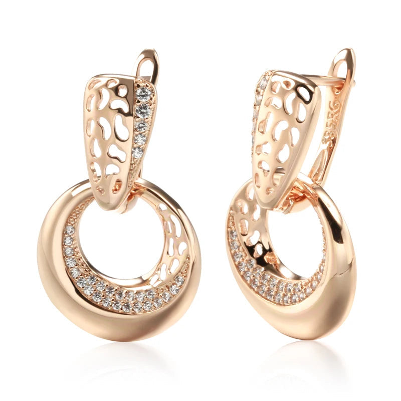 Hollow Round Moon Rose Gold Drop Earrings – Elegant Flower Design with Natural Zircon for Bridal & Daily Glamour