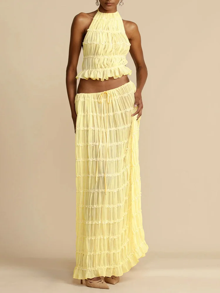 Sexy Two-Piece Hollow Out Set Dress – Backless Lace-Up Crop Top & Long Skirt for Beach & Club Vibes