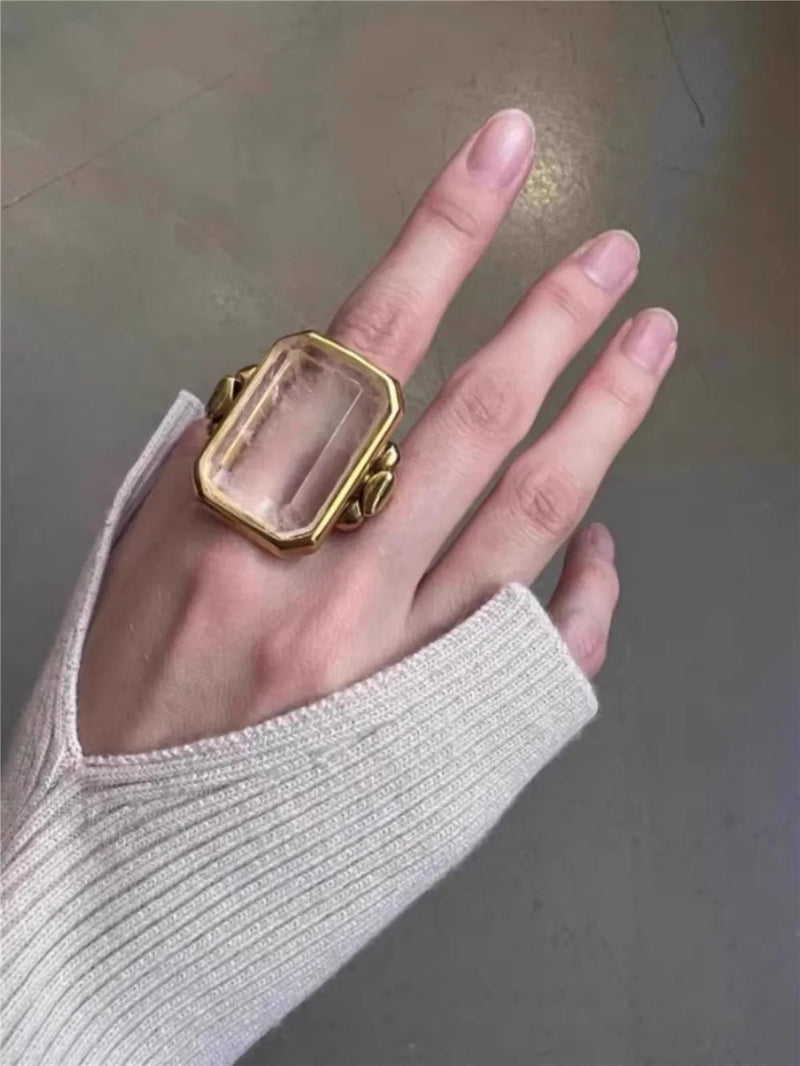 Fashion Square Natural Stone Crystal Ring - 2024 Gold-Plated Brass Jewelry for Women, Light Luxury European and American Style