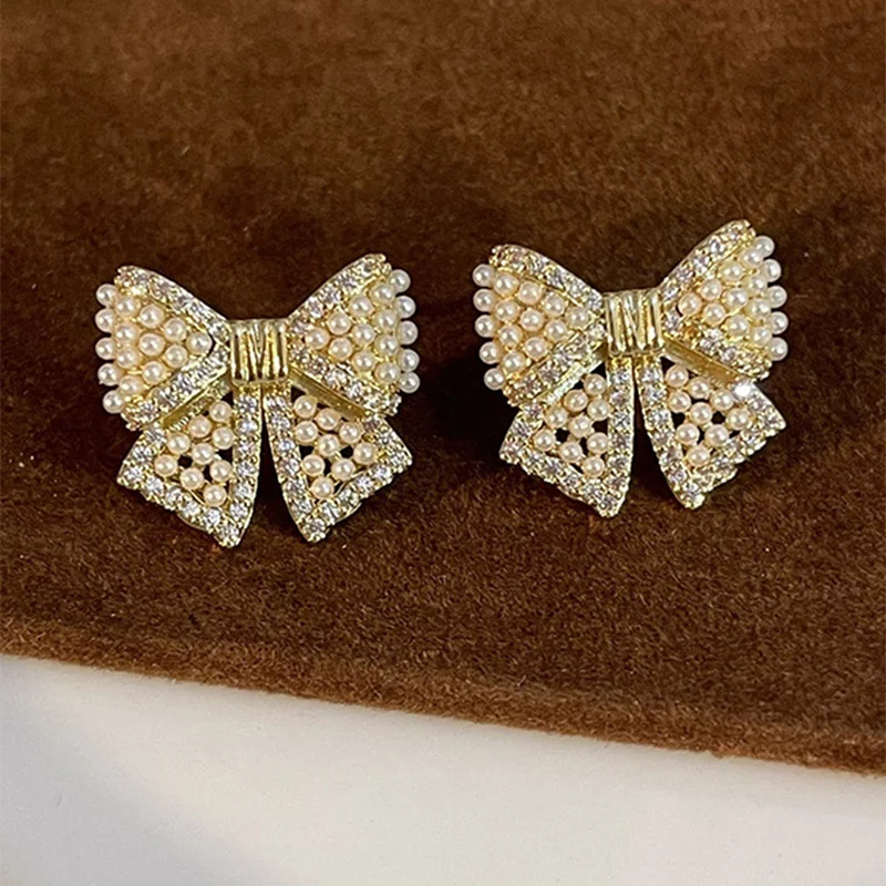 Dainty Bowknot Pearl Stud Earrings – Classic Gold & Silver Daily Wear Jewelry for Elegant Women