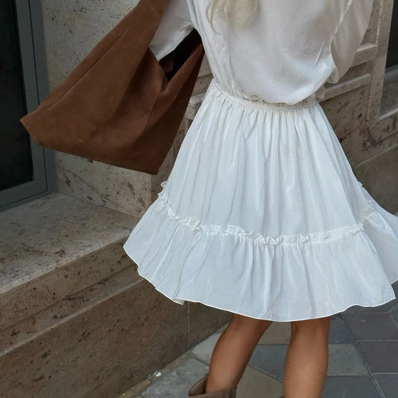 Sexy V-Neck Pleated Ruffle Mini Skater Dress – Long Sleeve, Flared Hem, & Autumn-Winter Feminine Elegance